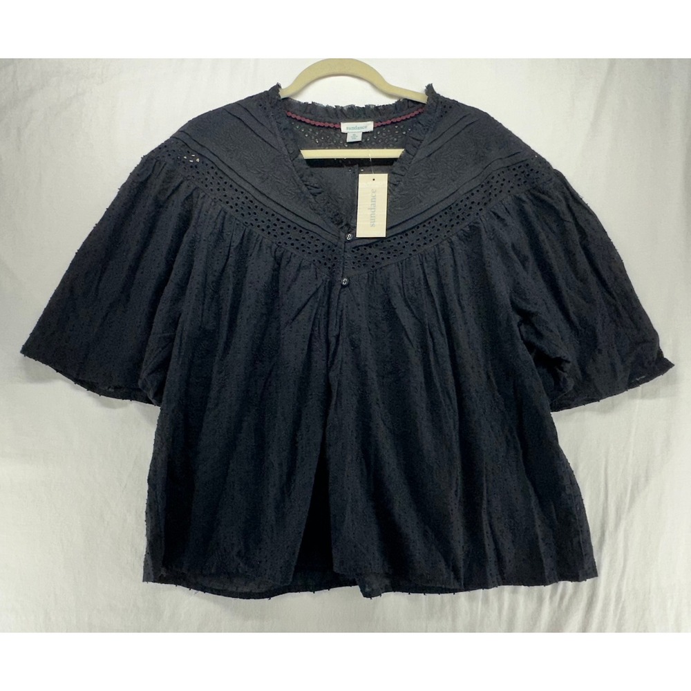 Sundance Black Cotton Eyelet Embroidered Swiss Dot Blouse Top XL NEW